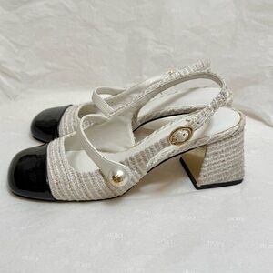 Charles & Keith Tweed Slingback Heels Pearl Strap Square Toe Mary Jane EU 35